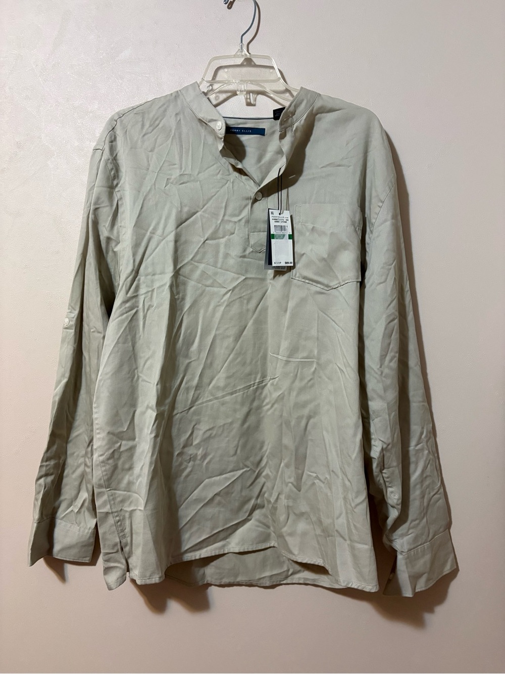 NWT Perry Ellis Men's Untucked Long-Sleeve Shirt - beige size Lg